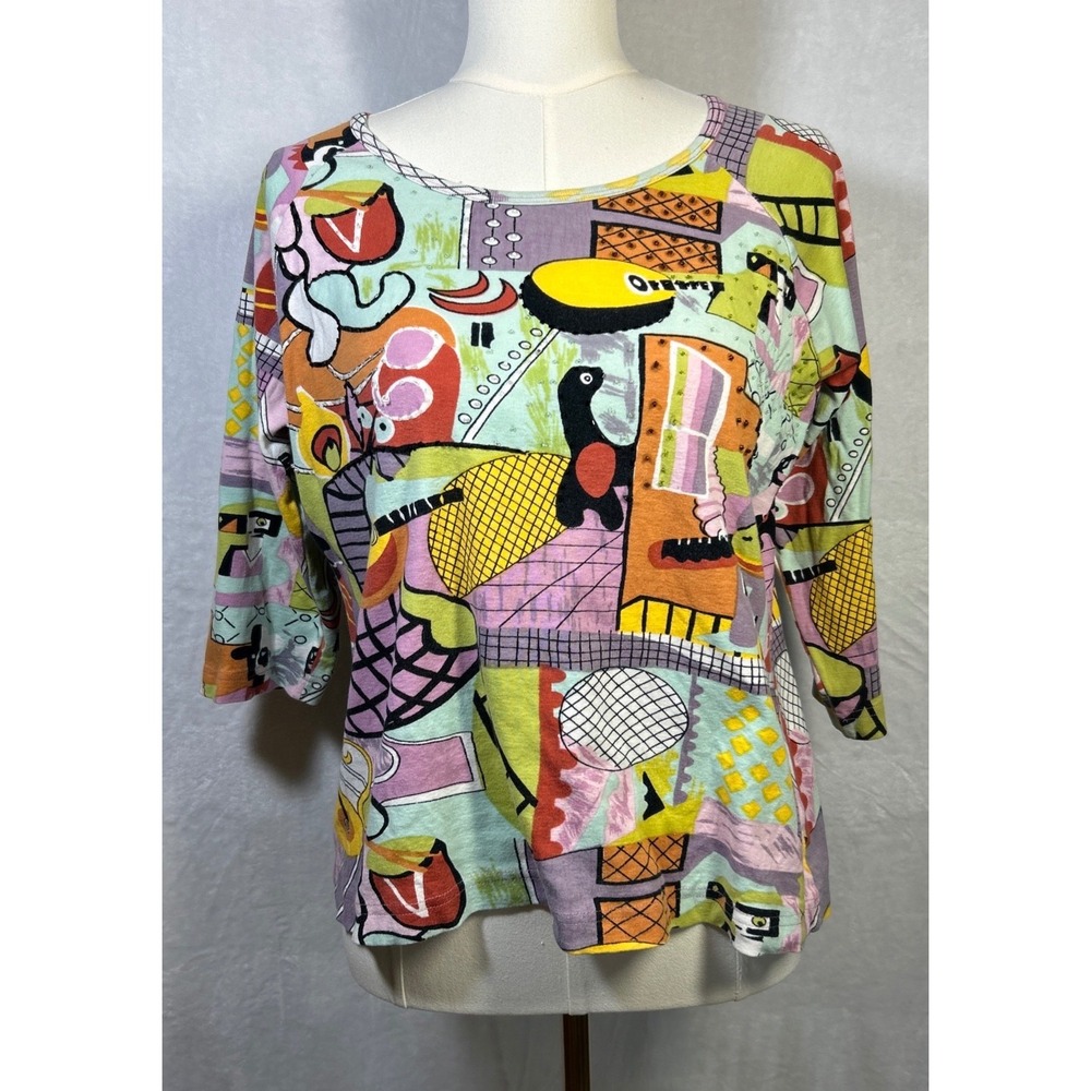 90s y2k Kaktus AOP Art to Wear Abstract Cubism Beaded Shirt Top Boho Eclectic